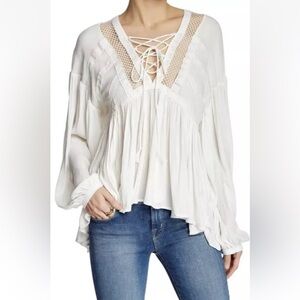 FREE PEOPLE White Blouse Crochet Eyelet Lace Inserts Flouncy Victorian SZ M